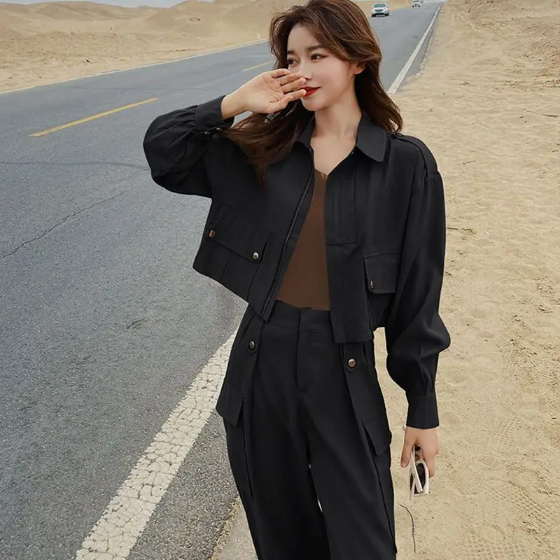 

Two Piece Set for Women Coat+ Cargo Pant Sets Long Sleeve New Korean Outfit Zipper Tracksuit 2023 Streetwear Fashion Autumn Suit
