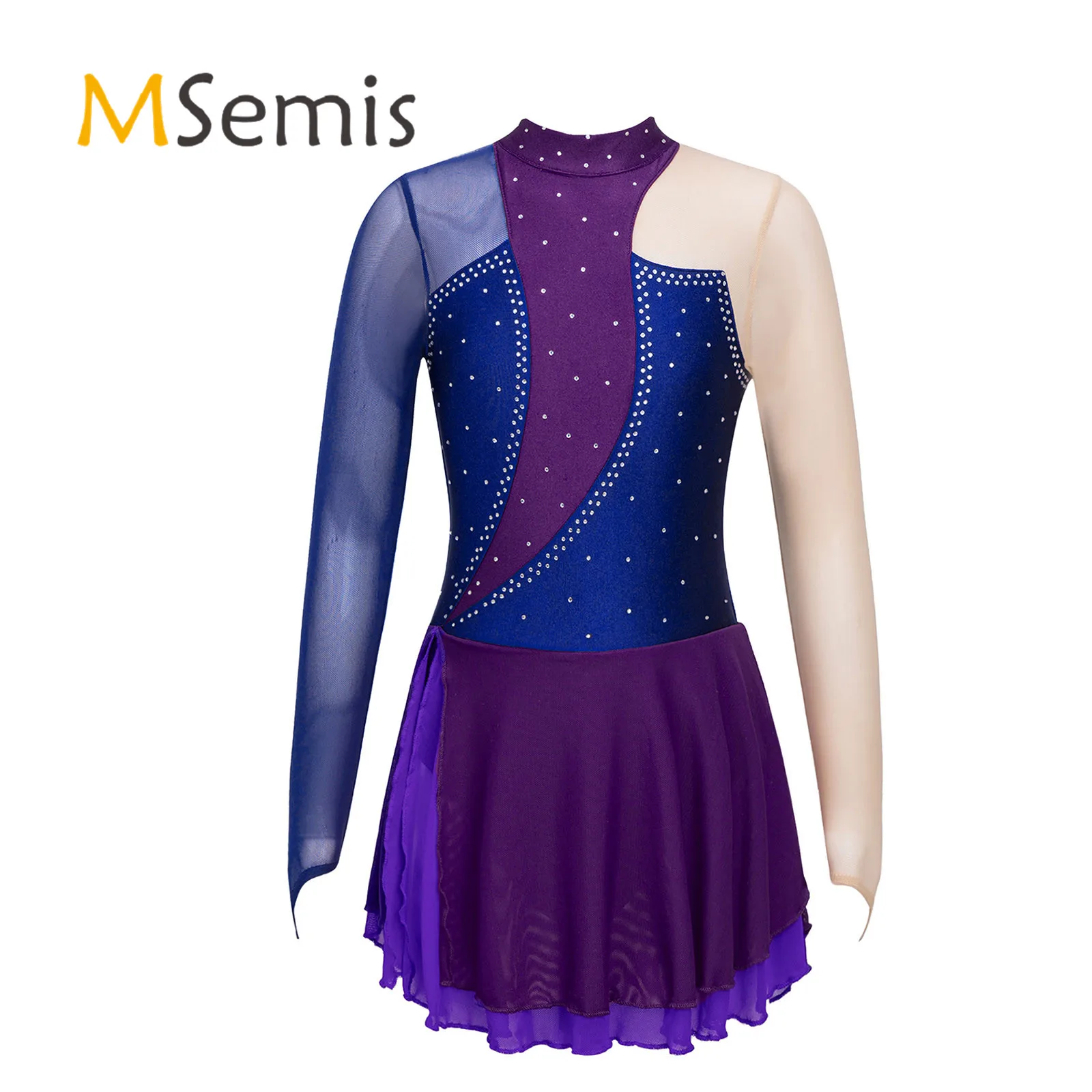 

Figure Skating Competition Dress for Kids Girls Long Sleeve Round Neckline Shiny Rhinestone Hollow Back Ballet Modern DanceDress