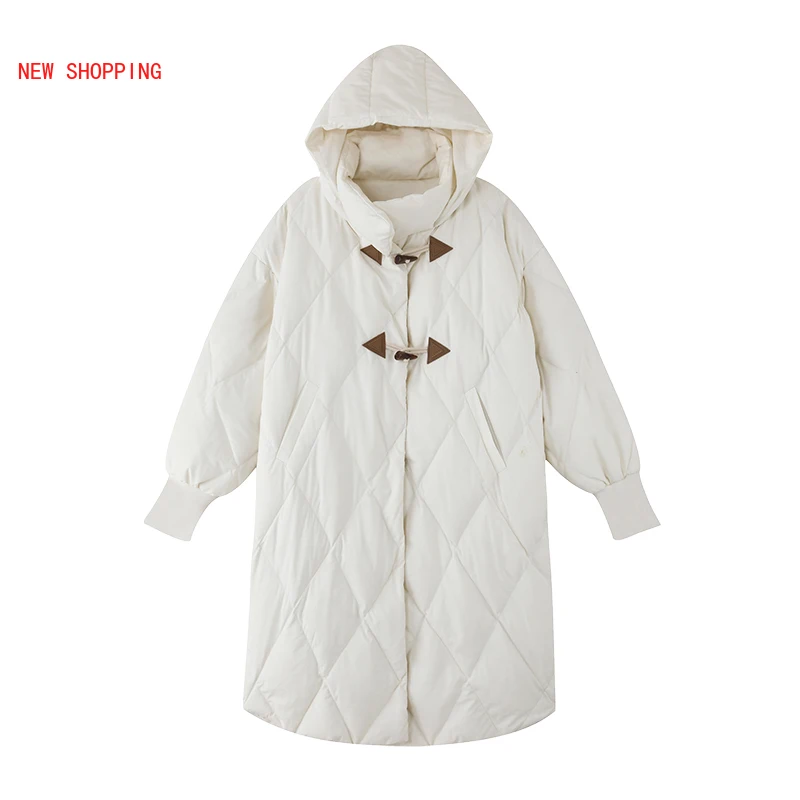 Horn Buttons Parkas Oversized Fashion Long Cotton Coats Women 2023 Winter Hooded Thick Jacket Loose Overcoat Korean Style White