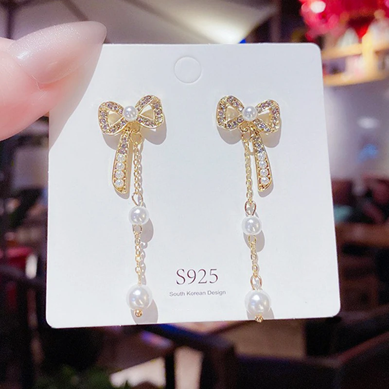 

New Trendy Design Crystal Stud Earrings for Women Gold Color Sweet Bow Tassels Pearl Earrings Party Gift Drop Shipping