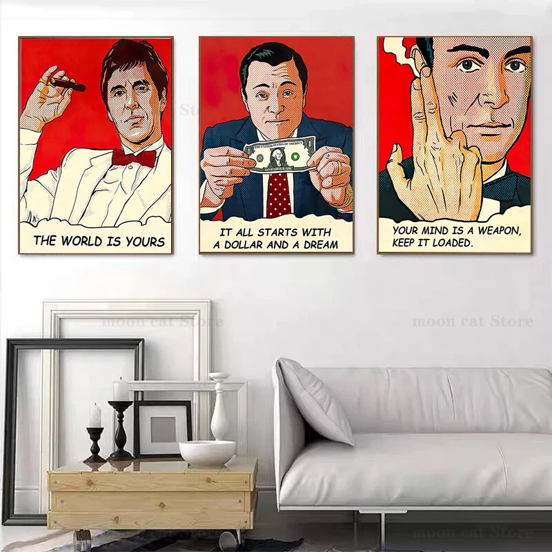 

Cartoon Movie Characters Scarface/the Wolf of Wall Street Posters Leo Motivational Qoutes Canvas Painting Home Office Decor