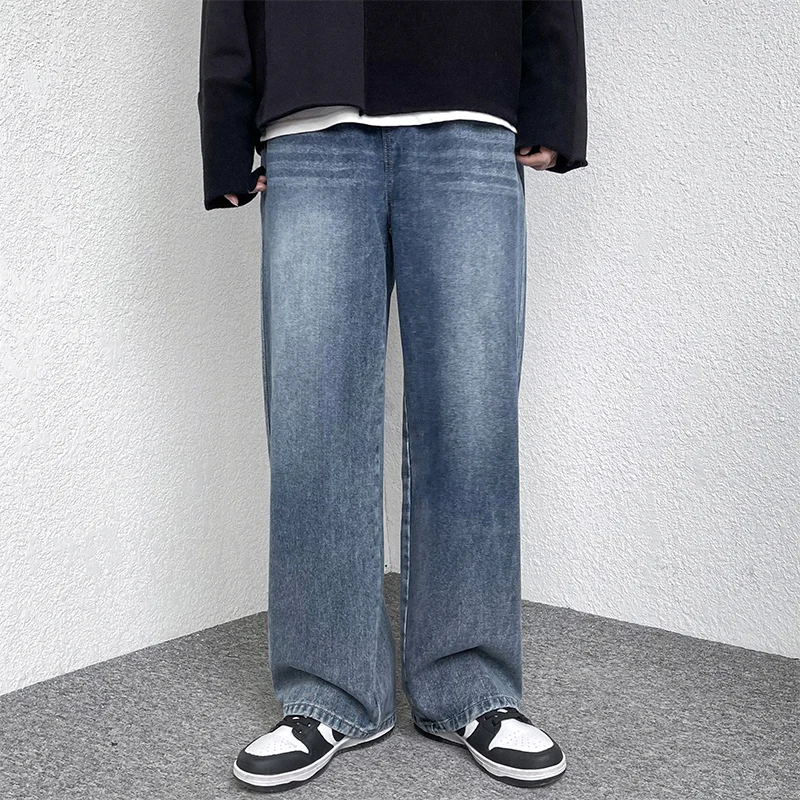 Men's Wide Leg Jeans Baggy New Fashion Oversized Elastic Waist Vintage Bleached Straight Denim Pants Trouser Male Streetwear