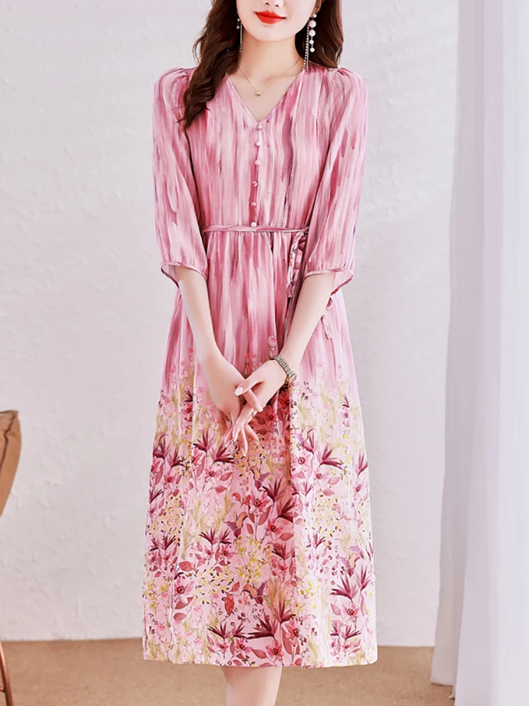 

Женское платье из шелка Mulberry, розовое элегантное платье с цветочным принтом в Корейском стиле, весна-лето 2023