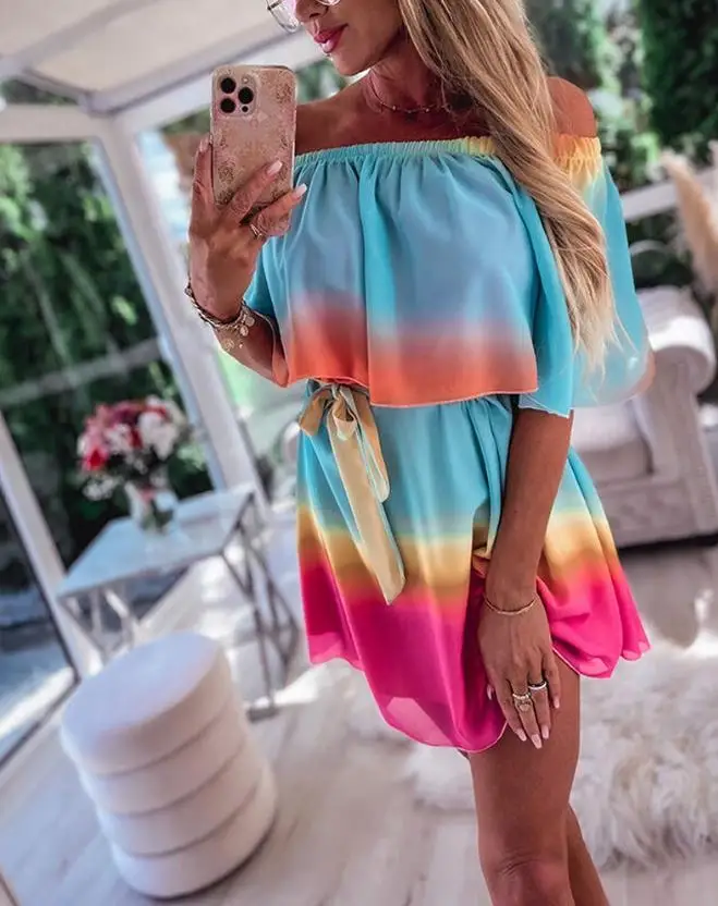 

Dresses for Women 2023 Summer Fashion Vacation Ombre Off Shoulder Sleeveless Drop Waist Casual A Line Mini Dress Clothing