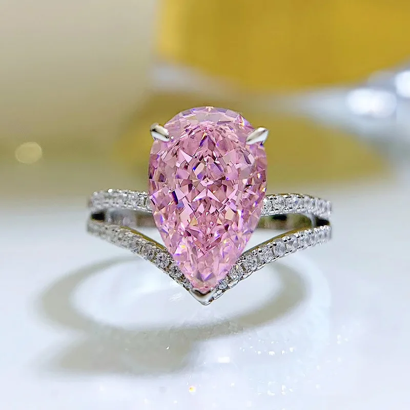 

Spring Qiaoer 925 Sterling Silver Pear Cut 8*12 MM Pink High Carbon Diamond Gemstone Rings Wedding Engagement Fine Jewelry