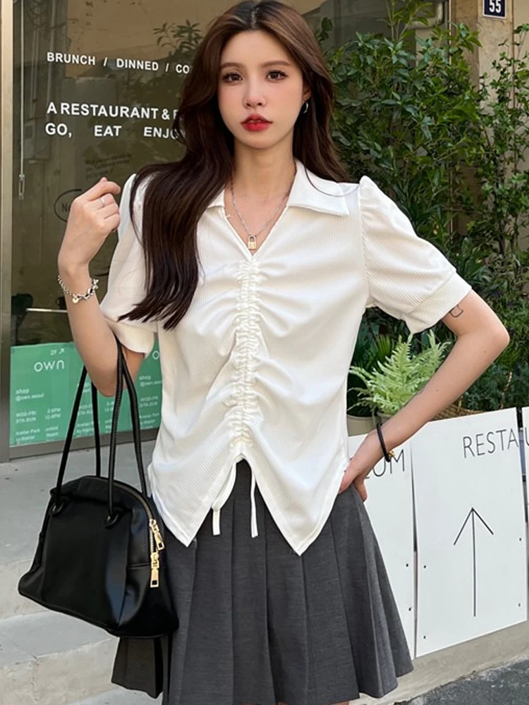 

Блузка женская шифоновая с V-образным вырезом, модный элегантный однотонный топ на завязках, приталенный Повседневный пуловер с пышными рук...