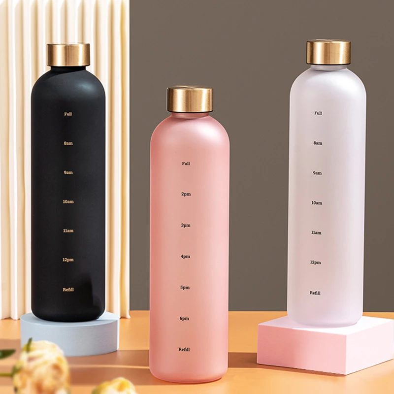 

1000ML Matte Water Bottle Plastic Water Cup with Lid Frosted Drinking Bottle for Girls with Time Marker Kitchen Tea Drinkware
