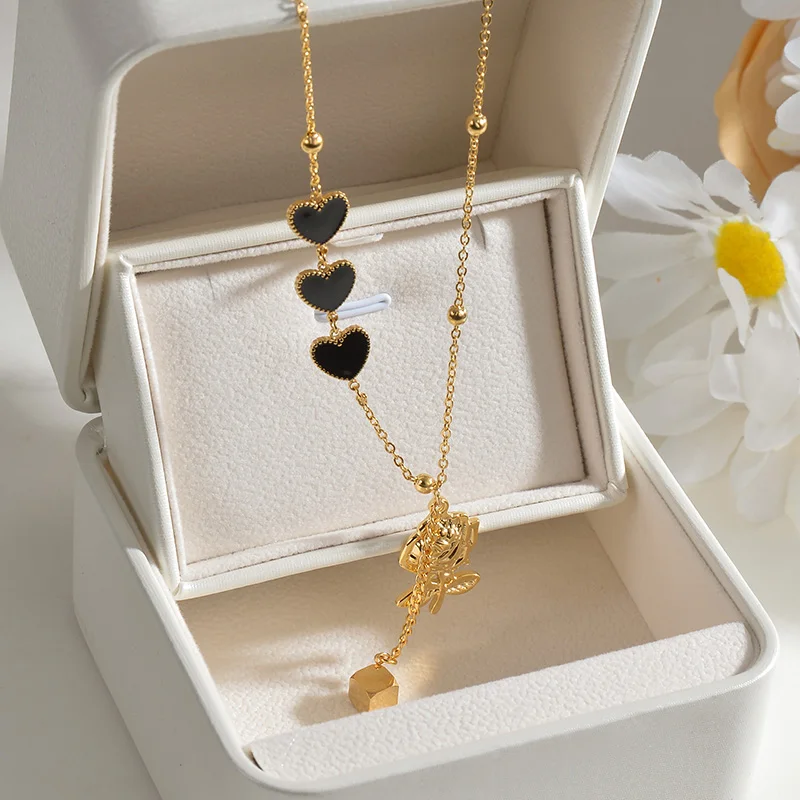 Fashion Jewelry Heart Necklace Women Girl Valentine Gifts Rose Flower Pendant Stainless Steel Chains