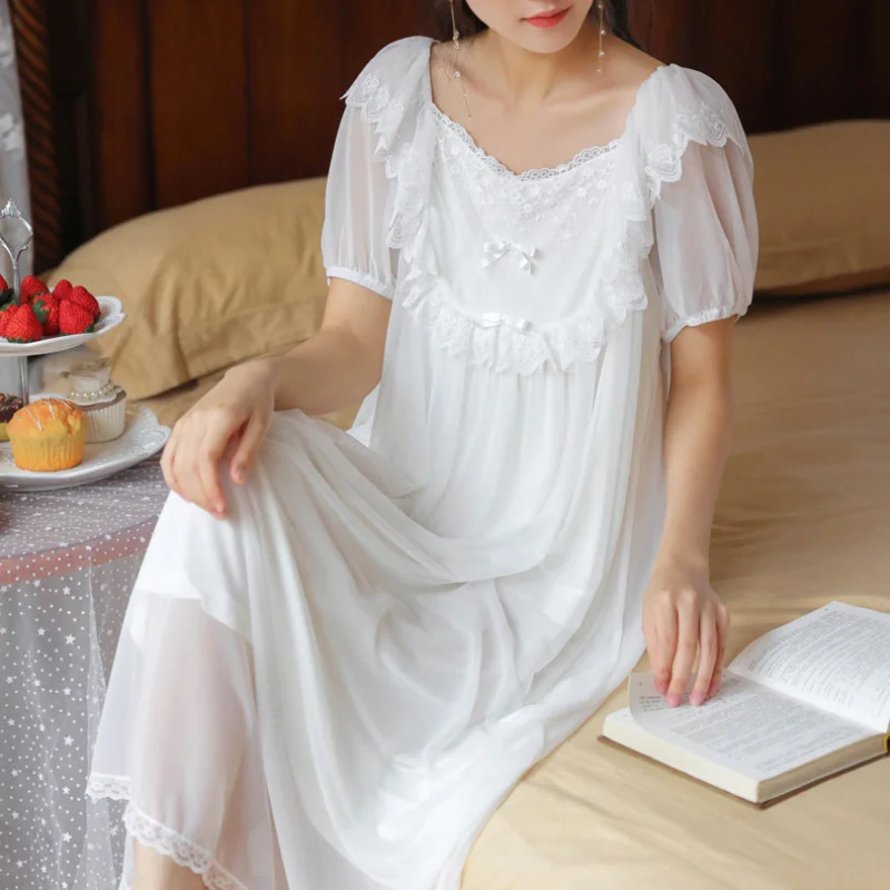 Summer Night Dress Women Cotton Mesh Short Sleeve Pink Vintage Nightwear Long Nightgowns Peignoir Victorian Princess Sleepwear