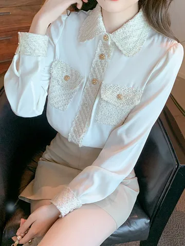 Женская твидовая рубашка SMTHMA, осенняя универсальная шерстяная блузка с длинным рукавом, в стиле пэчворк