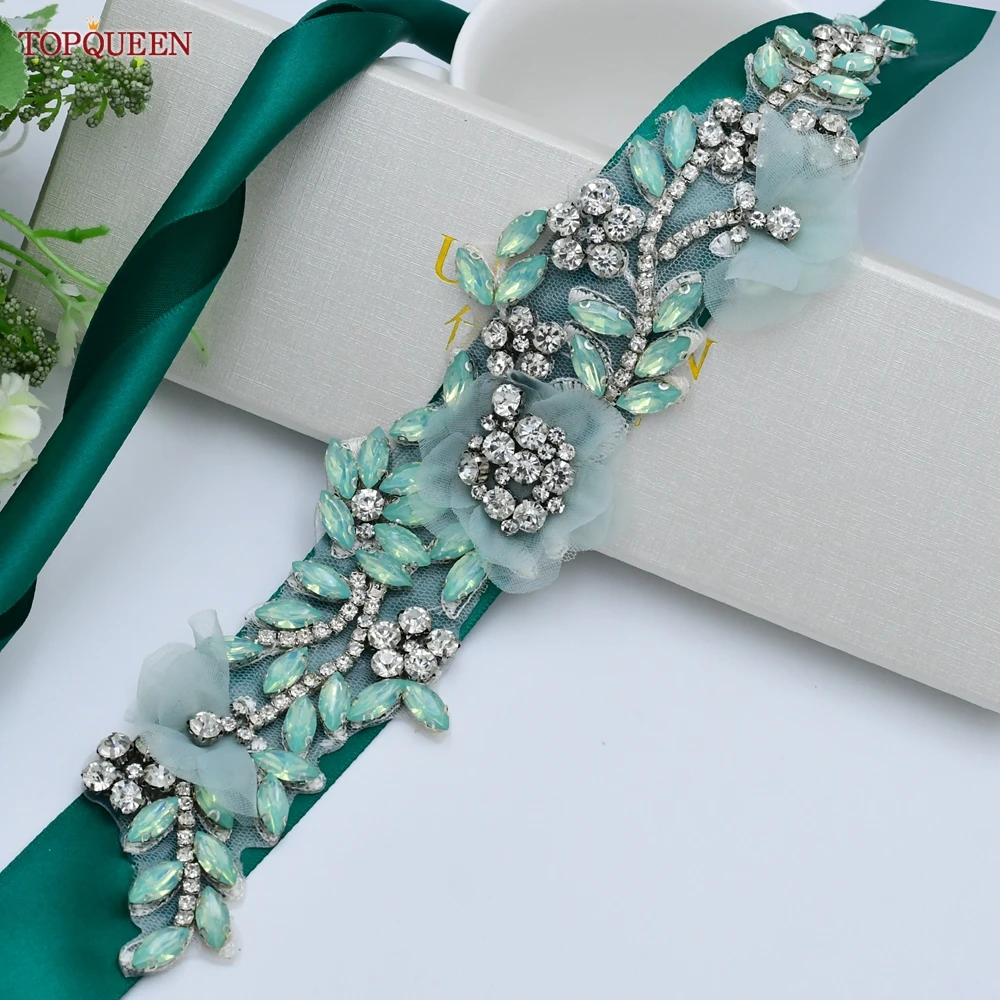 

TOPQUEEN S419-G Emerald Green Jewel Belt Women's Accessories Bridal Wedding Dress Sash Woman Rhinestone Leave Applique Waistband