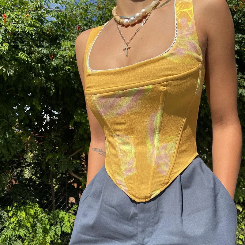 

Ladies Summer Fishbone Camisole Women Leisure Style Floral Printing Square Collar Low Cut Sleeveless Slim Tops