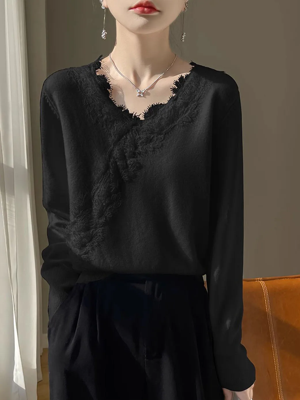 Angora Top Women 00 Pure Cashmere Autumn and Winter V-neck Knitted Bottoming Shirt This Year's Popular Temperament Design Se...