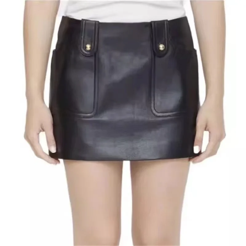 

skirts for woman 2023 Autumn New Korean Fashion Women's Half length Skirt Metal Button Decorated Sheepskin Slim Fit Mini Skirt