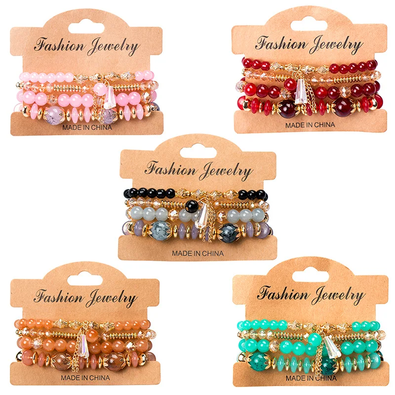 

Bohemian Bracelet Women's Imitation Agate Alloy Tassel Multicolor Crystal Glass Charm Bracelets Set Fashion Jewelry pulseras