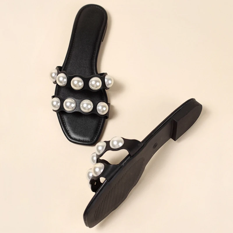 Women's Slippers 2022 European And American Fashion Pearl Sandals Comfortable Soft Bottom Square Toe Ladies Flat Slippers 36-42