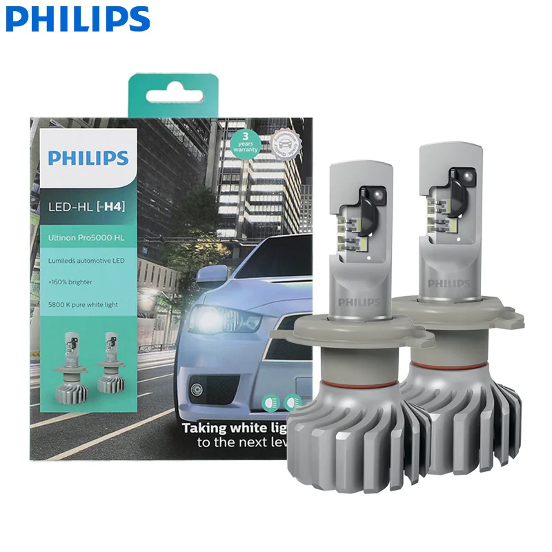 

Philips Ultinon Pro5000 LED H4 Car Bulb LED Headlight 5800K White +160% Bright 9003 Auto Lamp 15W High Low Beam 11342U50CWX2, 2x