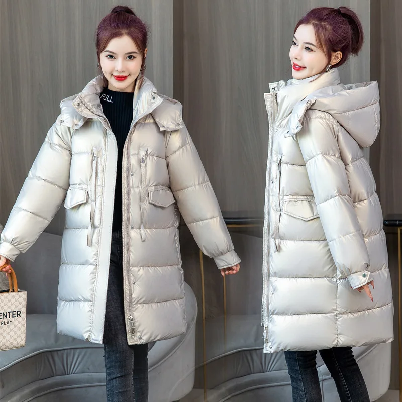 PinkyIsBlack Winter New Style Puffer Jackets Women Bright Shiny Hooded Long Down Jacket Women Korean Loose Winter Coat Clothes