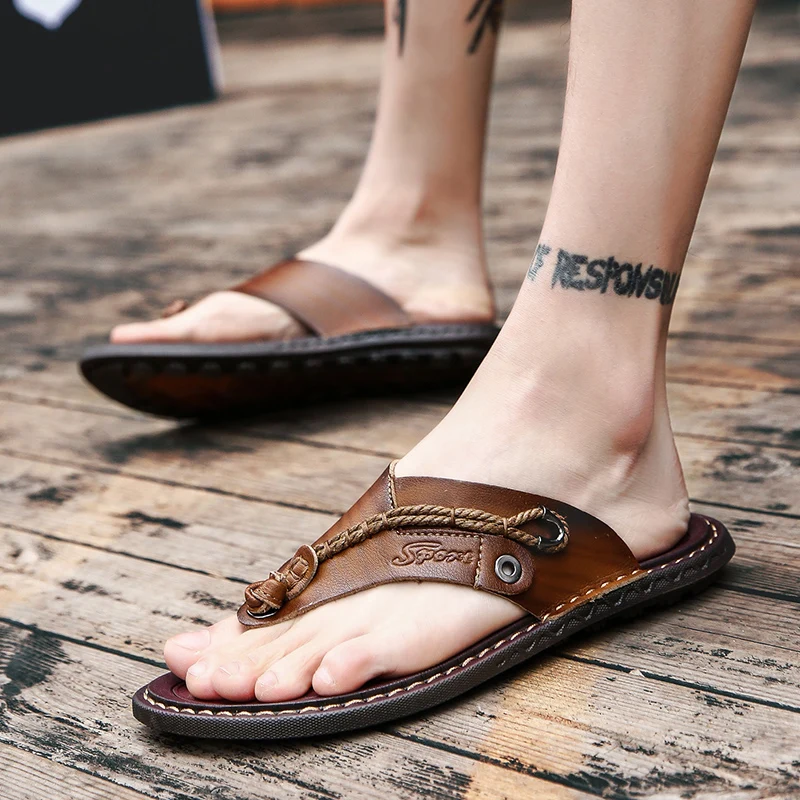 

Men's Summer Flip Flops 2023 Luxury Flat Tongs Leather Beach Casual Comfortable Rubber Trekking Shoes Slippers For Men Chinelos