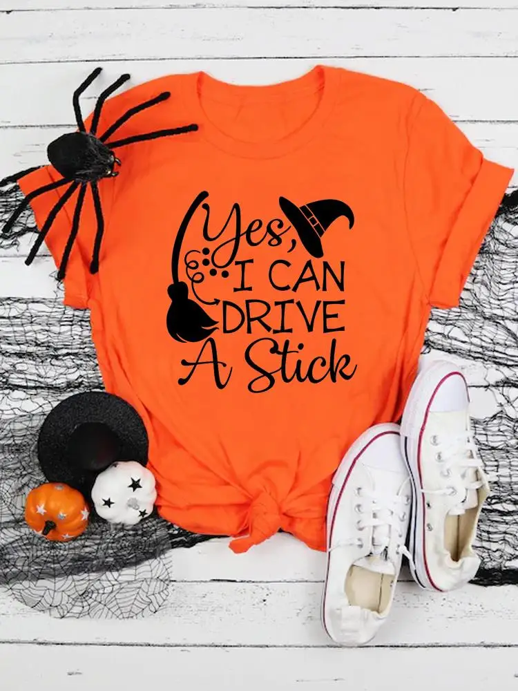 

Halloween Fall Autumn T Clothing Clothes Ladies Print Witch Hat Love Trend Fashion Orange T-shirts Women's Female Graphic Tee