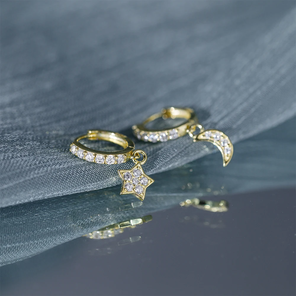 

CANNER 925 Sterling Silver Earring For Women Star Moon Zircon Drop Earrings Simple 18K Gold Wedding Party Kolczyki Fine Jewelry