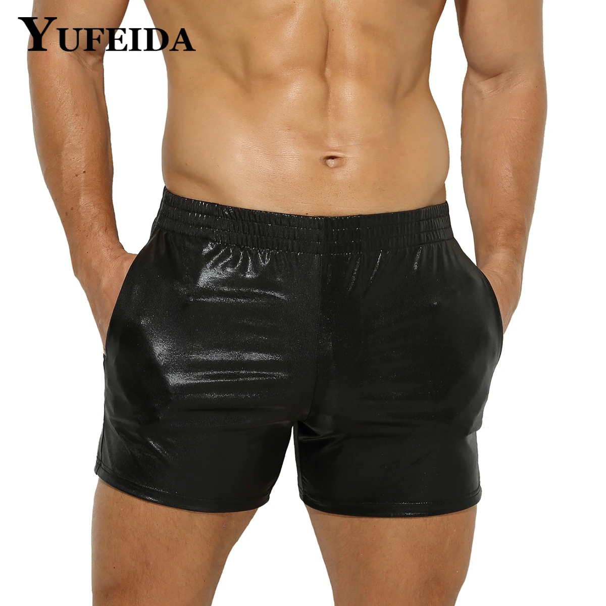 YUFEIDA Sexy Mens PU Leather Boxers Shorts Men Faux Leather Underwear Sexy Panties Low Waist Black Short Pants Male Swim Trunks