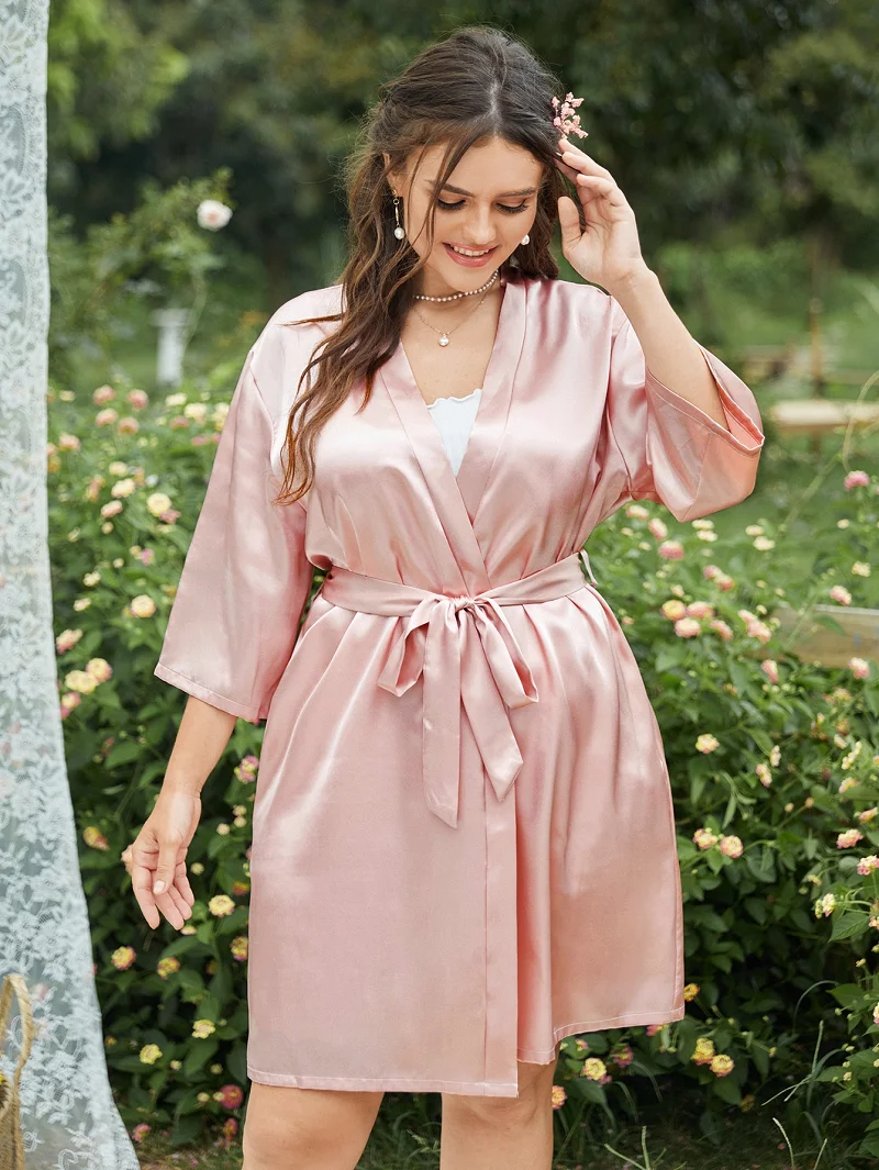 

Spring Summer Pajamas For Women Loose Cardigan Kimono Robe Simple Nightwear Silk Like Lady Bathrobe Lace-up Thin Sexy Home Wear
