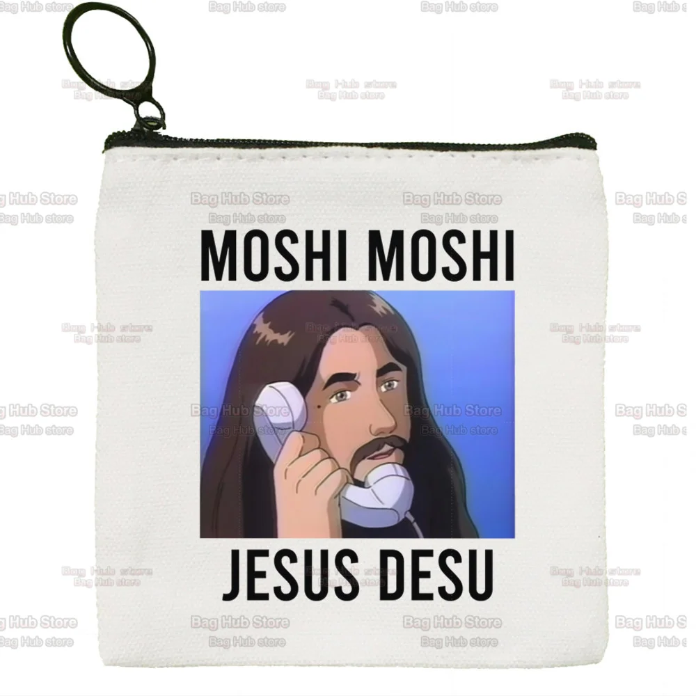 Moshi Moshi Jesus Desu Canvas Creative Small Coin Purse Funny Simple Key Coin Purse for Men and Women Fashion Style Cute Trend