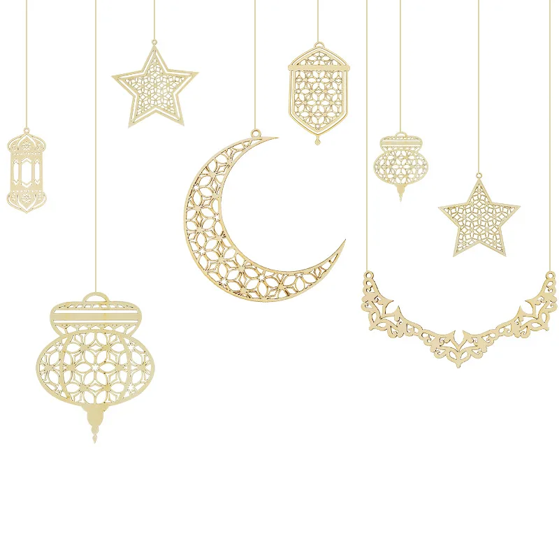 

3Pcs Hollow Wooden Moon Star Pendant Hanging Ornaments Eid Mubarak Party Decoration Ramadan Kareem Islamic Party Supplies