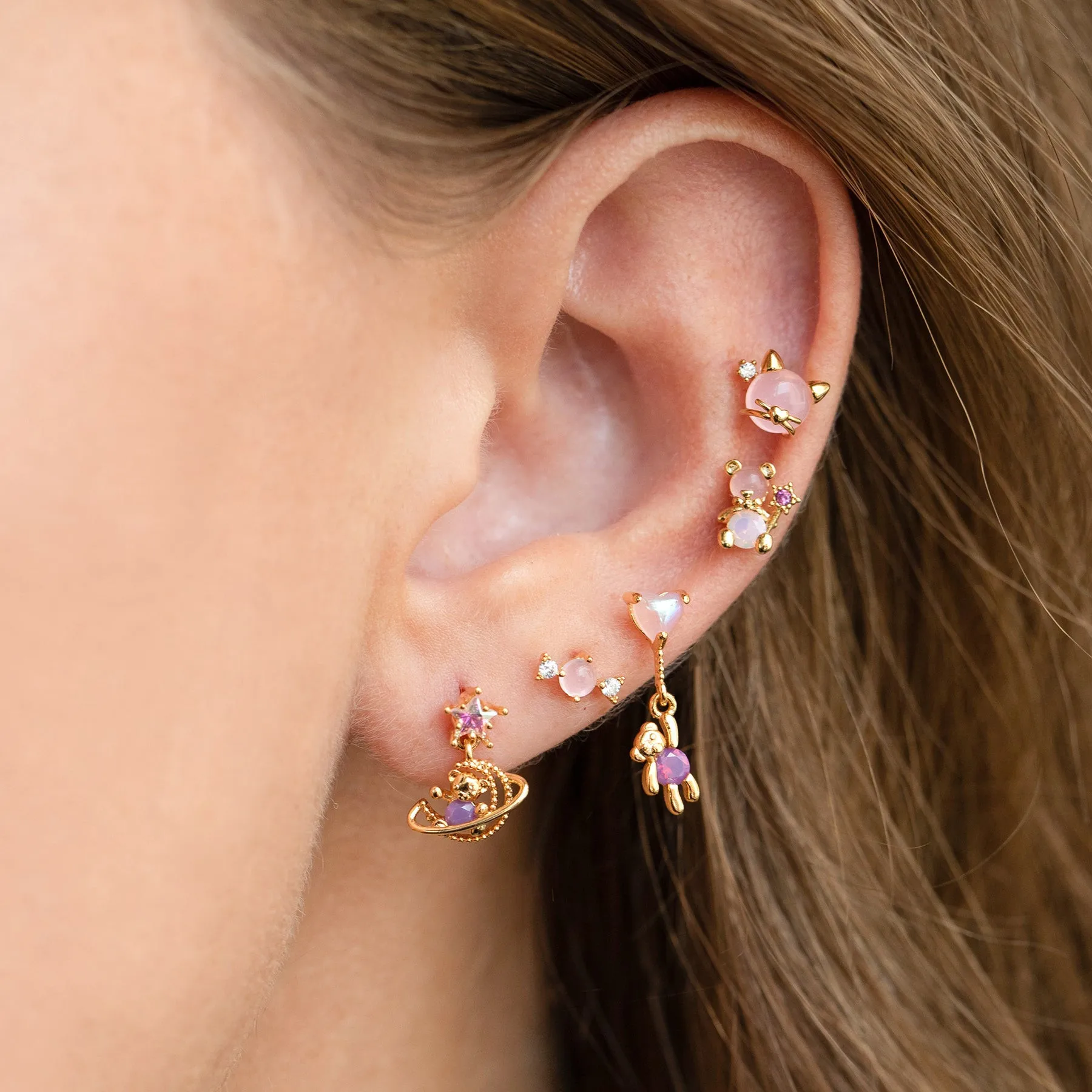 

ins Vintage Copper Gold Plated Pink Bear Earrings Cute Cat Micro-set Zircon Stud Earrings Set For Women Girls Fashion Jewelry