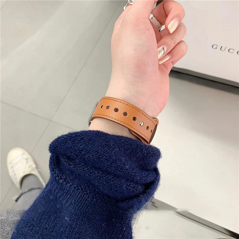 Ремешок кожаный для Apple watch браслет iWatch 6 se 5 4 3 44 мм 40 42 38 аксессуары 7 45 41 | Наручные