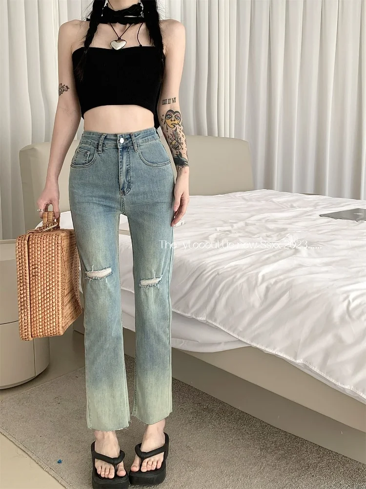Fashion Gradient Color Ripped Cropped Jeans for Women 2023 Summer Retro High Waist Slimming and Straight Pants Female Student