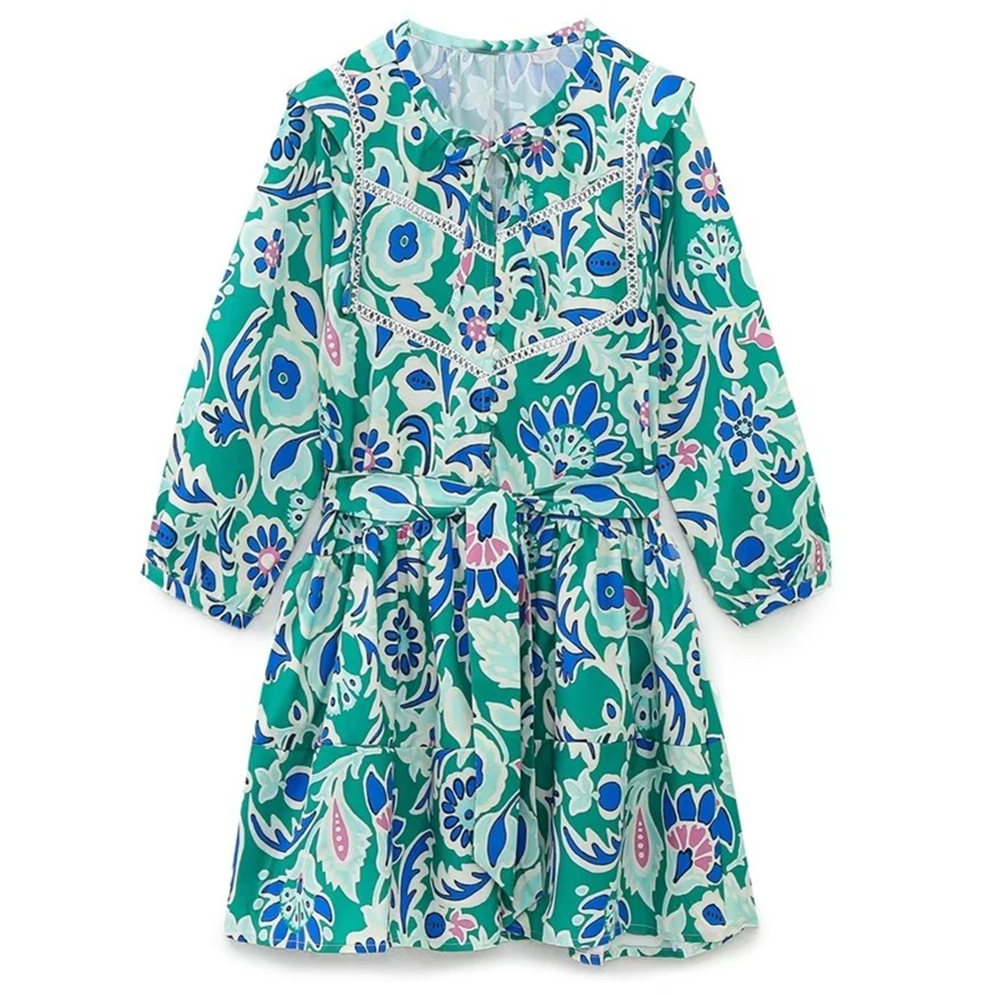 

Elmsk Fashion Green Floral Printing Hollow out Patchwork Holiday Beach Mini Dress Casual Summer Dress Women