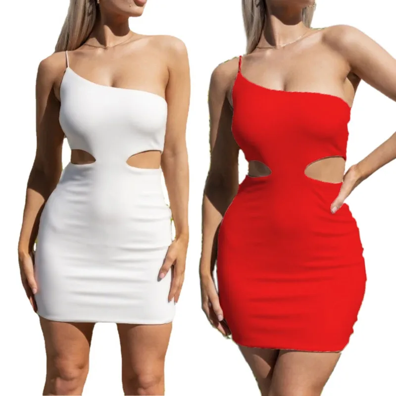 

Female One Shoulder Mini Bodycon Dress 2022 Women Sexy Spaghetti Strap Cut Out High Waist Package Hip Sundress Party Clubwear