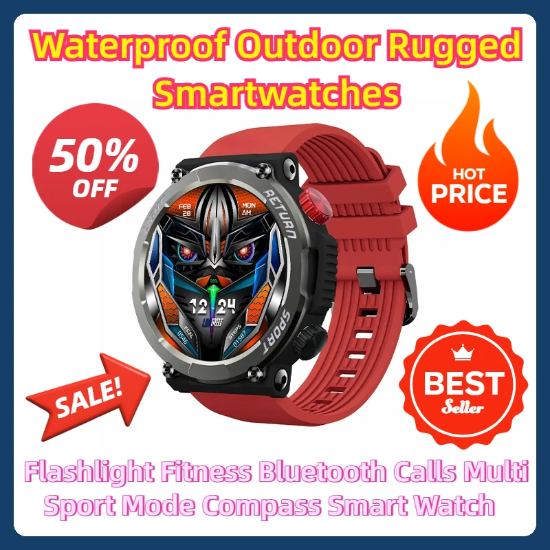Водонепроницаемые уличные прочные умные часы с фонариком для фитнеса