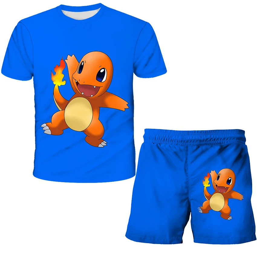 

Boys And Girls 3D T Shirt Clothes Set Cartoon Pokemon Print Tops+Shorts Children Clothing Summer Oversized Sports Tees 2PCS Suit