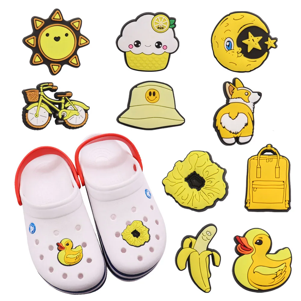 

50Pcs PVC Shoe Charms Yellow Banana Sun Moon Dog Duck Shoe Decorations Buckle Clog Fit Wristbands Kids Sandals Croc Jibz