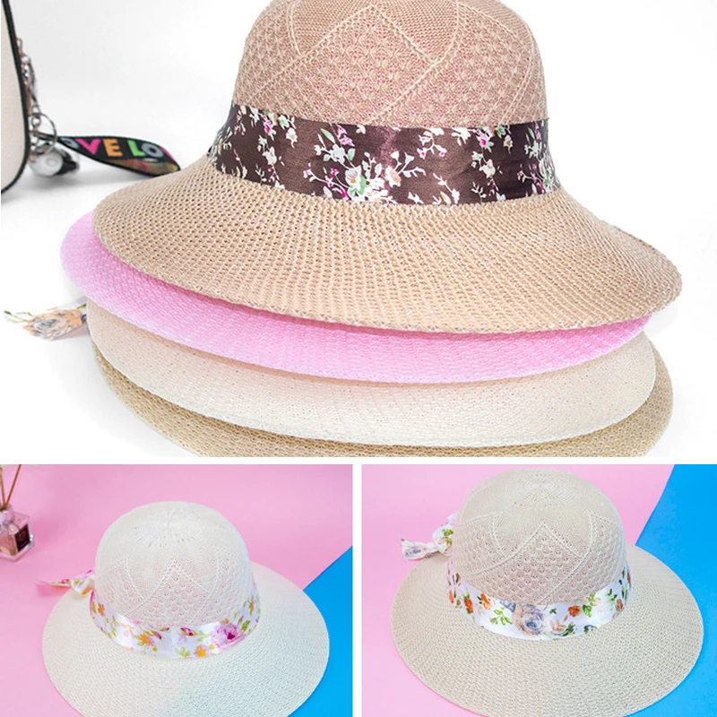 

Summer Wide Brim Bowknot Straw Sun Hats For Women Ladies Long Floral Ribbon Outdoor Travel Beach Hat Protection Panama Caps
