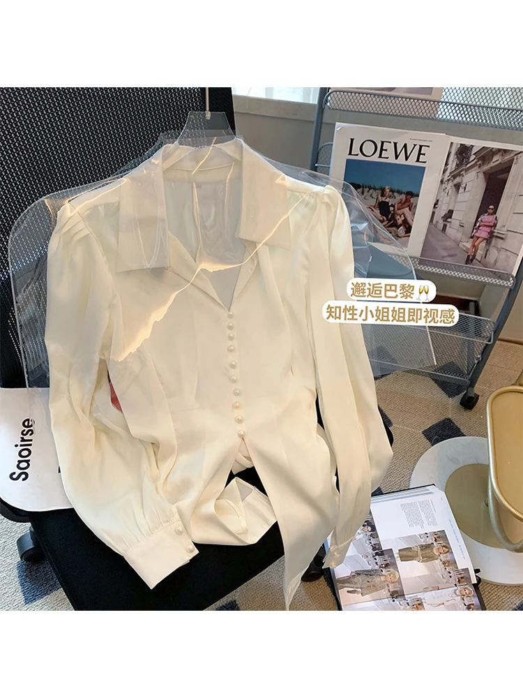 

Women Autumn Summer New Turn-down Collar Vintage Pearl Button Blouses Baggy Long Sleeve Tie Up Design Elegant Female Shirt Cozy