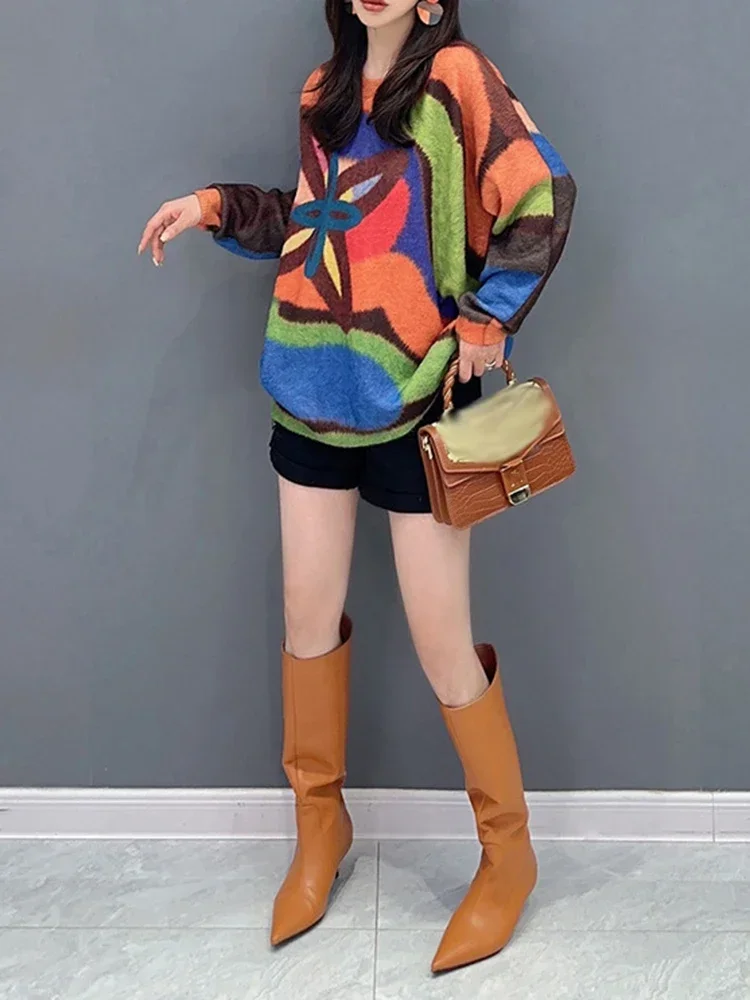 Вязаный свитер контрастных цветов XITAO модный нестандартный Полосатый Простой