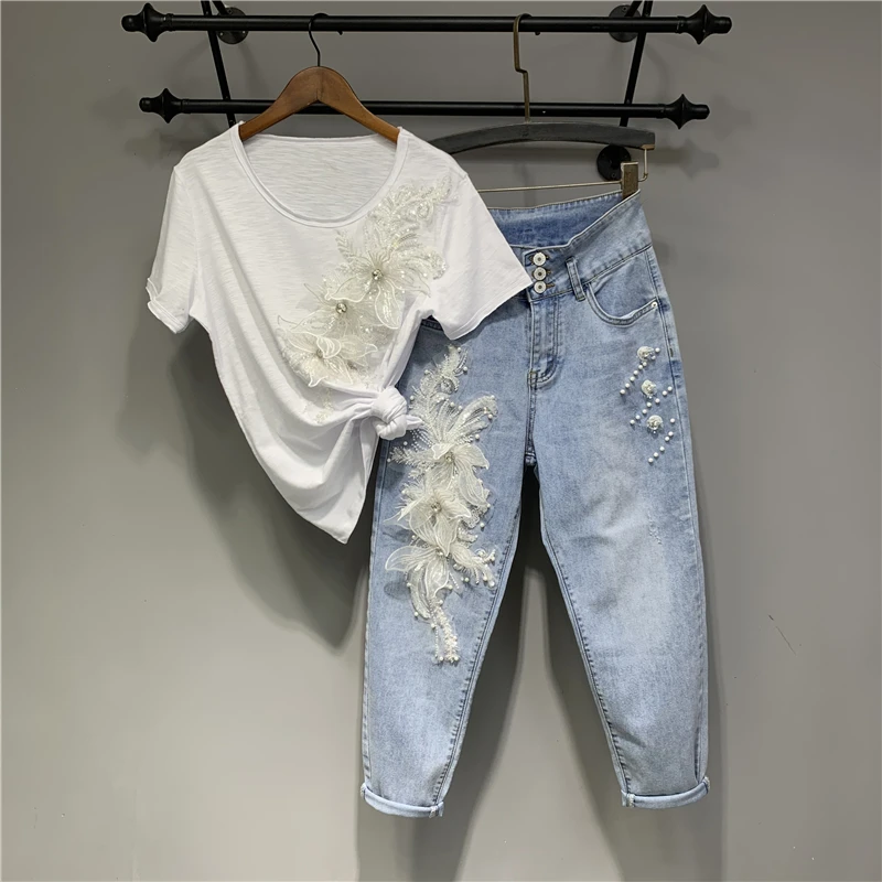 2022 Summer New Heavy Industry Beads Flower White Suit Short-Sleeved T-shirt + Blue Jeans for Women Outfits Tops and Pants Set