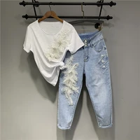 2022 summer new heavy industry beads flower white suit short sleeved t shirt blue jeans for women outfits tops and pants set