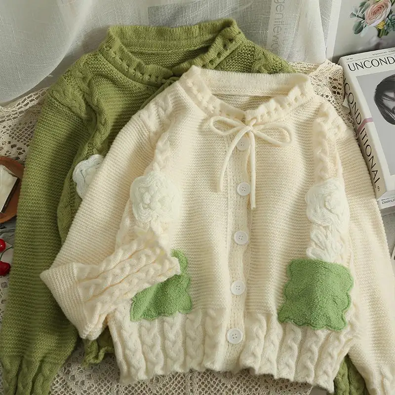 

V-neck Three-dimensional Flower Cardigan Women Long Sleeve Knitted Loose Single Breasted Lace-up Sweater 2023 Spring Autumn X53