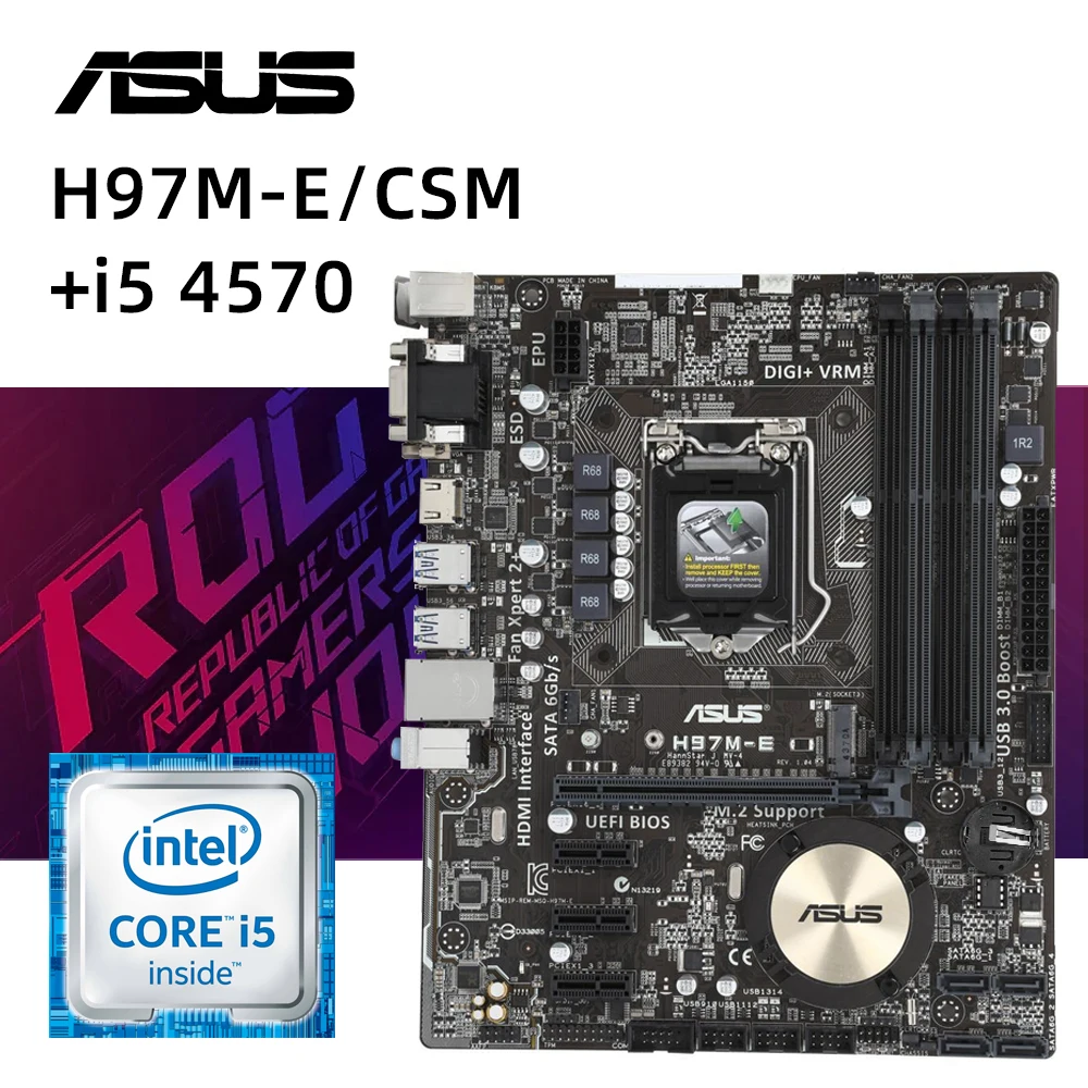 Материнские платы LGA 1150 комплект Asus H97M-E/CSM + i5-4570 cpu 4 × DDR3 DIMM 32GB intel H97 материнская плата 6 x SATA M.2 MICRO ATX