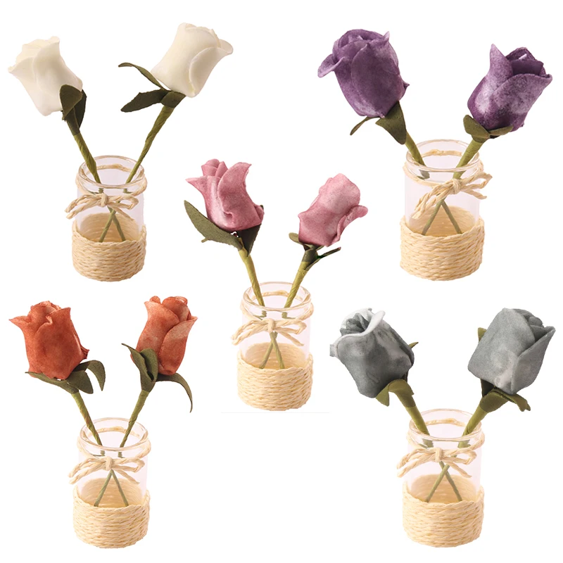 

1Set 1:6 Dollhouse Miniature Rose Flower Arrangement Potted Plant With Glass Bottle Model Garden Decor Toy Dollhouse Accessories