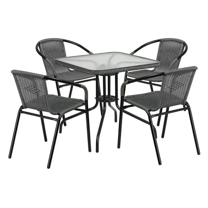 

28'' Glass Metal Table with Gray Rattan Edging and 4 Gray Rattan Stack Chairs