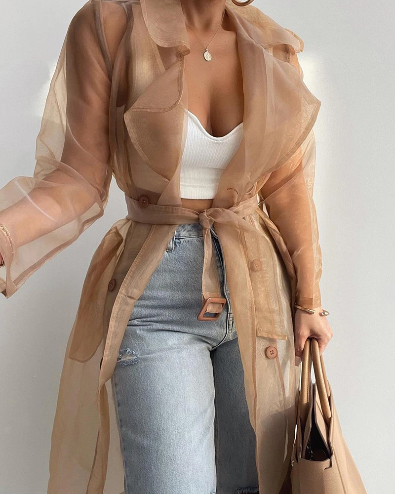See Through Sheer Mesh Long Sleeve Buttoned Coat Women Transparent Notched Collar Double Breasted Jackets Coats With Belt