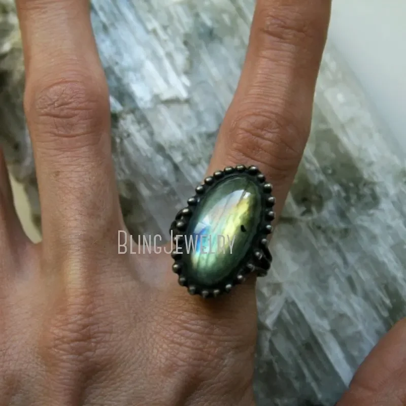 Женское коктейльное кольцо из нержавеющей стали с радужным лабрадоритом и