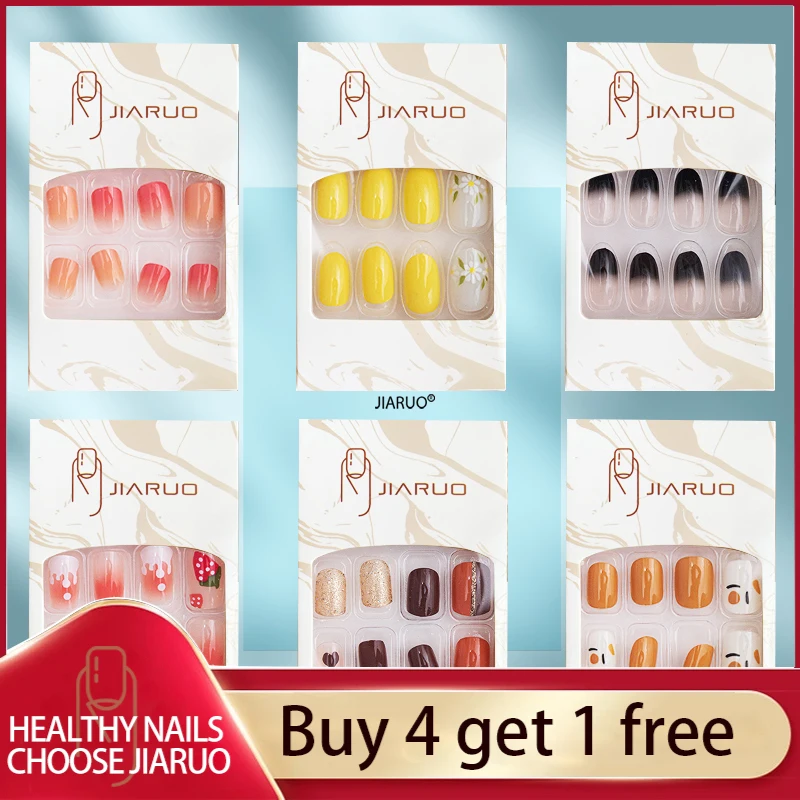 

JIARUO 24PCS/BOX Nail Art Press on Nails Fake False Stickon Tips Acrylic Gel with Design Artificial Professional Reusable Coffin