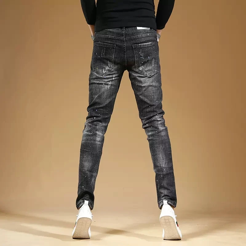 Autumn Men Black Ripped Patches Jeans Fashion Dots Printed Slim Fit Pencil Pants Streetwear Casual Scratched Denim Trousers